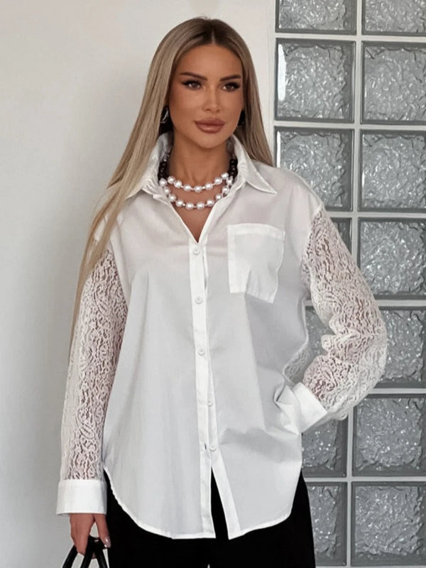 Office Spliced Back Sheer Hollow Blouse for Women Lapel Long Sleeve Patchwork Single Breasted Shirt Female 2026 New