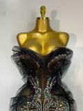 Sparkly Rhinestone Strapless Black Mesh See Through Mini Dress Women Eveing Party Birthday Singer DJ Nightclub Bar Stage Costume