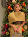 Women Gold Sparkle Capelet Top Elegant Shiny Tweed Shoulder Wrap Turtleneck Short Cloak 2026 Spring Lady Evening Party Outfit