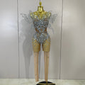 Sexy 3D Butterfly Strapless Mesh See Through Jumpsuit Sparkly Silver Diamond Eveing Party Birthday Bar Nightclub Stage Costumes