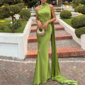 Solid Slimming Chic Dresses for Women Shawl Collar Sleeveless Off Shoulder High Waist  Long Dress Female