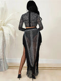Women's 2 Piece Outfits Rhinestone Fringe Crop Cami Top and Bodycon Skirt Set Sexy Women's Nightclub Dress Party Dresses