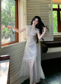 Chinese Traditional Dress Slim Tassel Splicing Jacquard Waist Cinched Cheongsam Qipao Summer Fairy Beautiful Women's Clothing