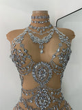 Sparkly Red Rhinestones Women Sexy Mesh See Through High Stretch Bodysuit Nightclub Performance Dance Costume Singer Stage Wear