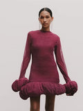 Elegant Slimming Spliced Ruched Mini Dresses For Women Flower Bud Design With Long Sleeves High Waist Dress Female New