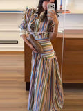 Boho Colorful Stripe Midi Skirt Set Turn Down Collar Single Breasted Long Sleeve Shirt Fitted Waist Flowy Women Skirts Outfits