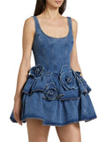 3D Flower Double-layer Denim Slip Short Dress Women Fashion Sleeveless High Waist Mini Dresses Chic Lady Party Robe