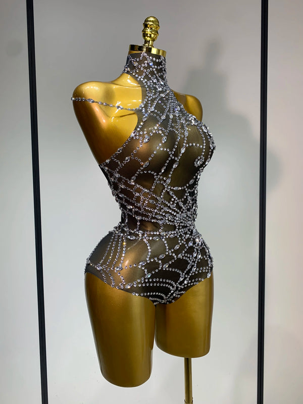 Sparkly Diamond Sexy Mesh See Through Stretch Bodysuits Women Evening Party Birthday Nightclub Bar Gogo Dancer Stage Costume
