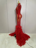 New Sexy Sparkling Red Crystals Feathers Long Sleeve Mermaid Maxi Dress Women Wedding Celebrate Luxury Birthday Party Prom Gown