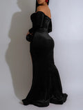 Padded Velvet High Slit Off Shoulder Evening Party Long Dress Women Long Sleeve Bodycon Vestidos Lady Ruched Clothing