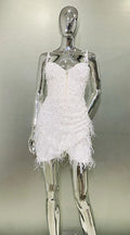White Sequined Beaded Feather Glam V-Neck Suspender Dress Fashion Hot Party Stage Performance Dress Vestidos Para Festas De Luxo