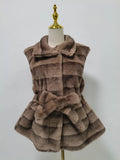 Street Vintage Spliced Lace Up Slimming Waistcoat for Women Stand Collar Sleeveless Fur Tank Top Female Winter Fashion Style