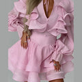 Ruffle Women Dress V Neck Waist Tie Dress Puff Sleeve Mini Dresses Tiered Layered Skirt Daily Dating Outfit With Layered Hem