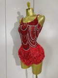 Sparkly Silver Rhinestones Pearl Tassels Bodysuit 2025 New Women Sexy Eveing Birthday Party Nightclub Stage Performance Costume