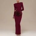 Elegant Style Pencil Dresses for Women O Neck Shoulder Pud Long Sleeve High Waist Pleated Slim Maxi Dress Female