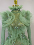 Sexy Mesh Ruffled Sparkly Rhinestones Long Sleeves See Through Mini Dress Women Eveing Party Birthday Dance Nightclub Stage Wear