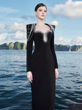 Sparkling Luxury Diamond Tassels Beads Long Sleeved Slim Maxi Dress Women'S Elegant Celebrity Evening Party Wedding Gowns