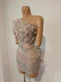 Sexy Sparkly Rhinestones One Shoulder Mesh See Through Mini Dress Women Birthday Evening Celebrate Party DJ Nightclub Stage Wear