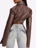 Streetwear Faux Leather Jacket for Women Lapel Collar Front Zip Hollow Cutout Flared Sleeve Slim for Autumn Outfits