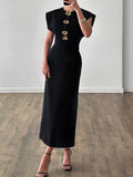 Black Loose Spliced Buttos Chic Dresses for Women O Neck Sleeveless Elegant Commute Dress Female Summer Fashion New