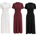 Women Single Breasted O-neck Short Sleeve Knit Ribbed Bodycon Midi Dress  Vacation Sexy Party Club Vestidos Dresses