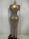 Luxery Sparkly Rhinestones Tassel Transparent Mesh Stretch Long Dress Women Evening Celebrate Birthday Dress Sexy Stage Costumes