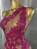 Shining Rosered Crystal Women Sexy One Shoulder Mesh See Through Bodycon Mini Dress Bar Singer Celebrate Performance Costumes