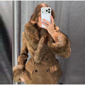 Retro Suede Faux Fox Fur Collar Blazer Coat Long Sleeve Double Breasted Fluffy Furs Cuff Women Fashion Jacket 2026 Chic Outfits