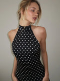 Fashion Polka Dot Dress Vintage High Waist Sleeveless Backless Neck Lace-up Dress Sexy Party Luxury Women Dresses Y2k