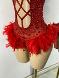Luxury Women Sexy Shiny Crystal Feathers Hollow Out Bodysuit Nightclub Performance Dance Costume Nightclub Singer Stage Wear