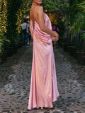Elegant Backless Evening Dress for Women V Neck Sleeveless High Waist Patchwork Folds Loose Maxi Dresses Female New