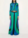 Printing Two Piece Set for Women Lapel Long Sleeve Short Shirt Mid Waist Satin Wide Leg Pant Fashion Suit Female