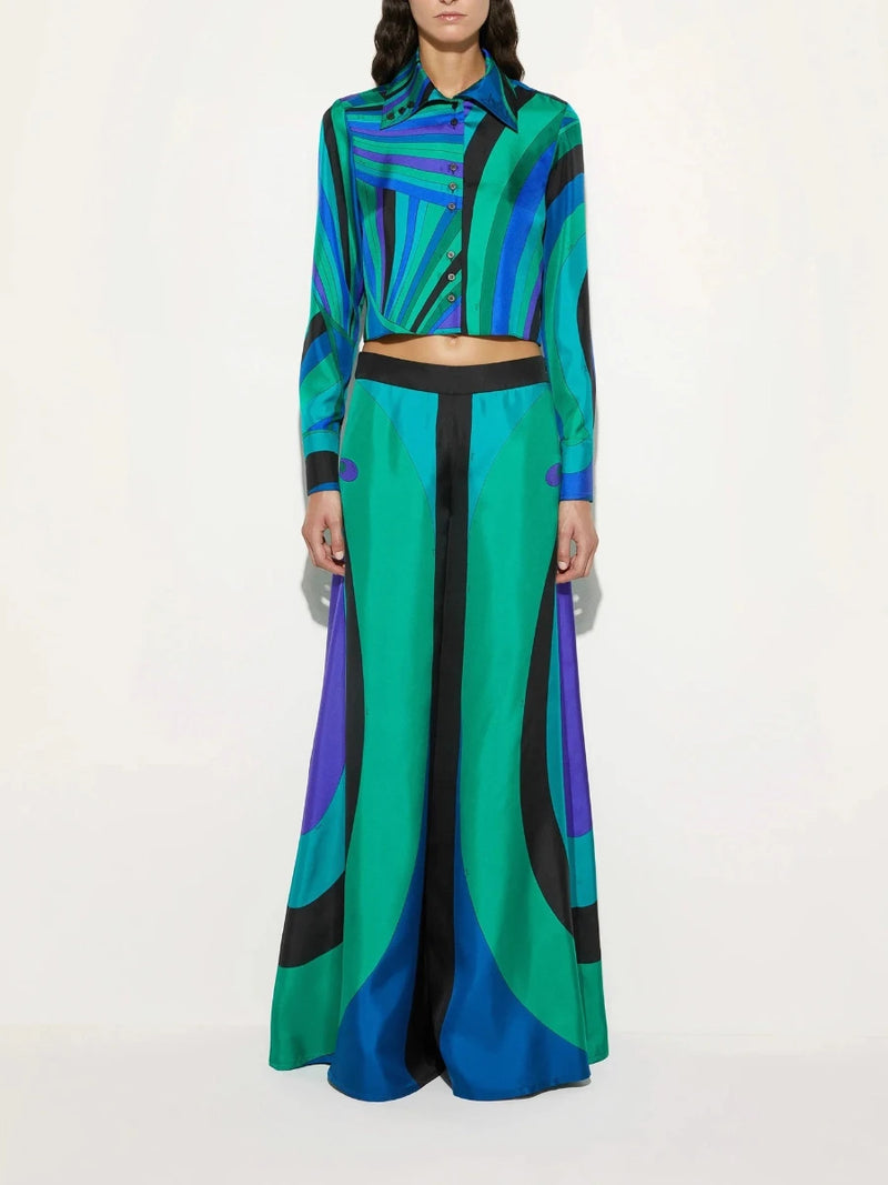 Printing Two Piece Set for Women Lapel Long Sleeve Short Shirt Mid Waist Satin Wide Leg Pant Fashion Suit Female