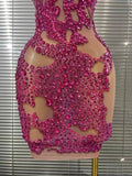 Shining Rosered Crystal Women Sexy One Shoulder Mesh See Through Bodycon Mini Dress Bar Singer Celebrate Performance Costumes