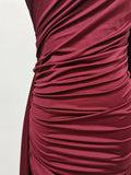 Luxurious Blue Diagonal Collar Sheer Mesh Maxi Dress for Women Off One Shoulder Cape Sleeves Ruched Waist for Dinner Party