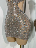 Sparkly Silver Rhinestones Mini Dress Luxury Women Sexy Mesh Hollow Out Celebrity Birthday Cocktail Dresses Performance Wear