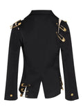 Chic Spliced Metal Pin Slimming Blazer for Women Notched Collar Long Sleeve Patchwork Mesh Hollow Out Fashion Jacket Female