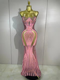 2026 Sexy Sparkly Pink Rhinetones Sequins Strapless Mesh Sheer Long Dress Birthday Evening Celebrate Party Nightclub Stage Wear