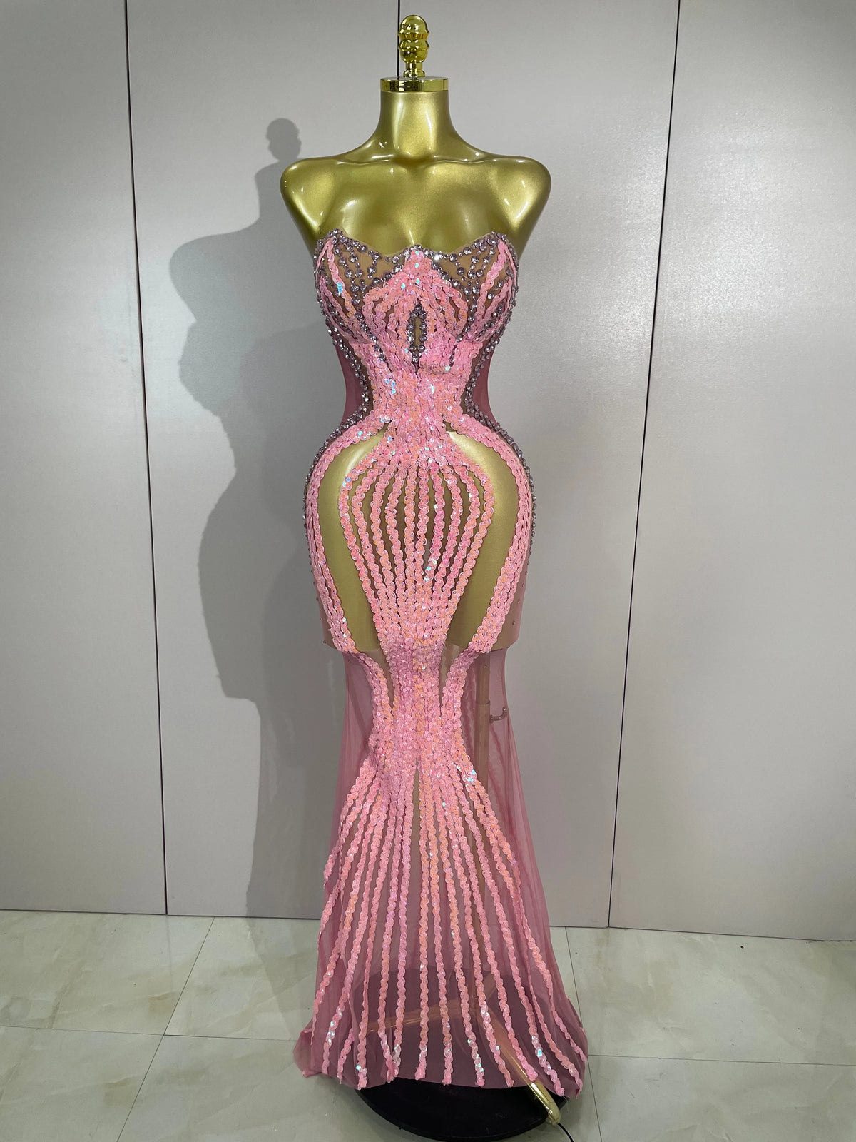 2026 Sexy Sparkly Pink Rhinetones Sequins Strapless Mesh Sheer Long Dress Birthday Evening Celebrate Party Nightclub Stage Wear