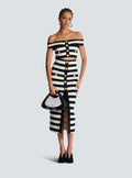Sexy Off Shoulder Striped Button Two Piece Mini Bandage Set 2025 Women Celebrity Designer Evening Party Luxury Birthday Outfit