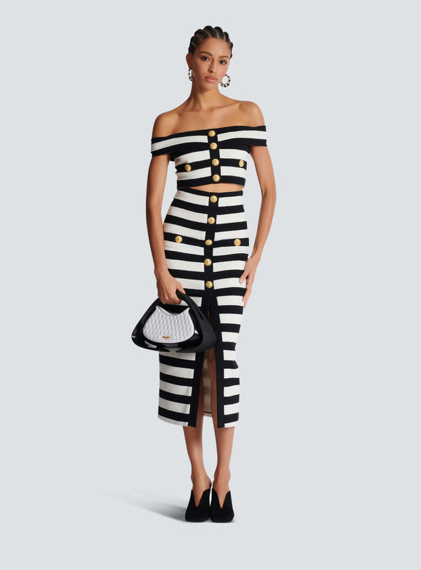 Sexy Off Shoulder Striped Button Two Piece Mini Bandage Set 2025 Women Celebrity Designer Evening Party Luxury Birthday Outfit