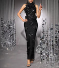High Quality Birthday Party Dresses Black Red Beaded Flower Mesh Patchwork Long Bandage Dress Celebirty Prom Evening Club Wear