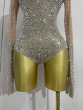 2026 Sparkle Rhinestones Long Sleeve Gloves Stretch Bodysuits Women Evening Luxury Birthday Party Sexy Nightclub Stage Costumes
