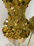 Sparkly Sequins Diamonds Women Sexy Mesh Strapless Short Sleeveless Gold Party Nightclub Performance Costume Stage Wear