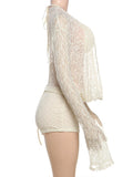 Sexy See Through 3 Piece Set Women Halter Bra+Swing Collar Flared Sleeve T-Shirts+Skinny Shorts Fashion Elegant Set