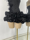 Black Bandage Floral Hather Top Short Skirt Set Women Sexy Backless Knitted Two Pieces Bandage Outfit Nightclub Wear