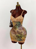 Lace Patchwork Print  Dress Women Sexy Trend Low-Neck See Through  Beach Vacation Party Clubwear Peach Hip Bodycon