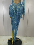 Sparkly Diamond Blue Rhinestone Mesh One Shoulder Tassel Dress Sexy Eveing Party Bar Nightclub Stage Costume Latin Dance Outfits