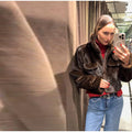 Women's Brown Faux Fur Cropped Jacket Fashion Stand Collar Single Breasted Pocket Casual Coat Lady 2026 Spring Chic Outerwear