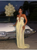 Sexy Yellow Chiffon Halter Maxi Dress Lady Chic Hollow Out Backless Lace Up Sleeveless See Through Robe Female Spring Party Wear